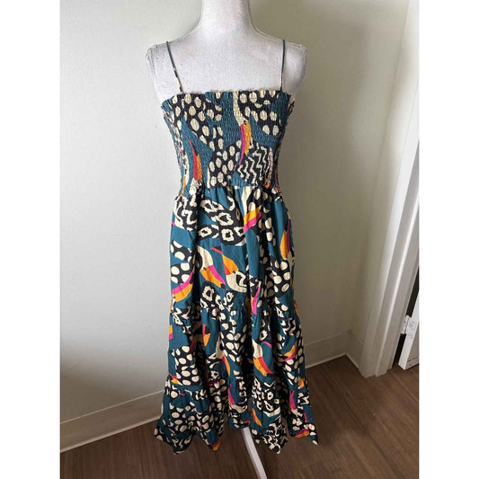 Farm Rio Dark Green Tucan Smocked Cotton Maxi Dress Sz M