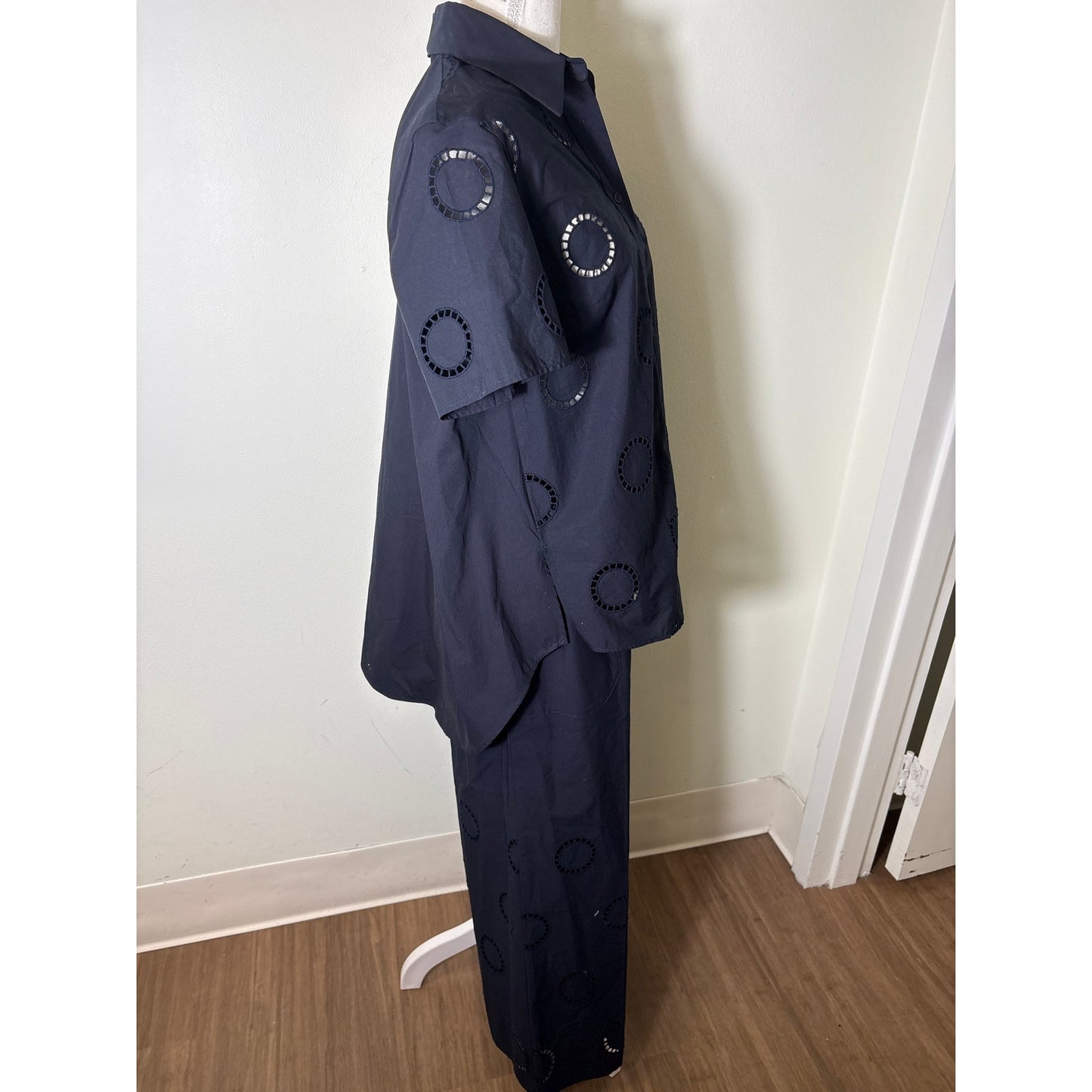 Akris Punto Black Cotton Pull On Wide Leg Cut Out Pants And Top Set Sz 8