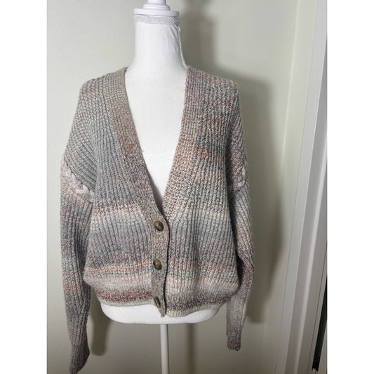 Intermix Muted Multi Color Tan Long Sleeve Button Up V Neck Cropped Cardigan SzL