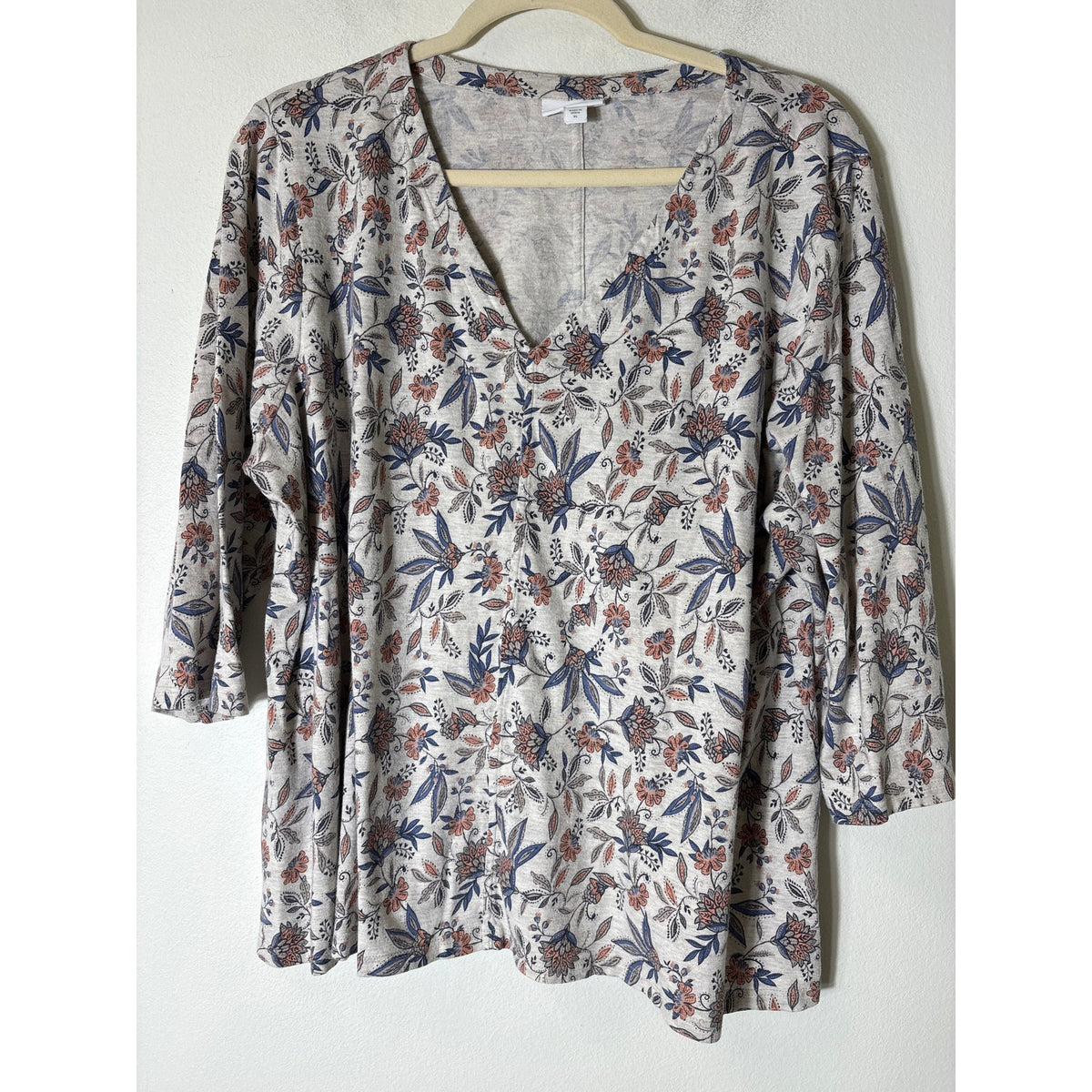 Pure Jill Blue and Coral Floral V NEck Long Sleeve Tee Sz XL