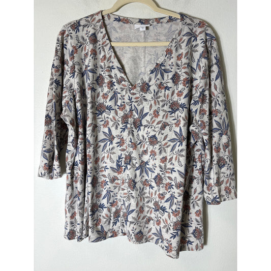Pure Jill Blue and Coral Floral V NEck Long Sleeve Tee Sz XL