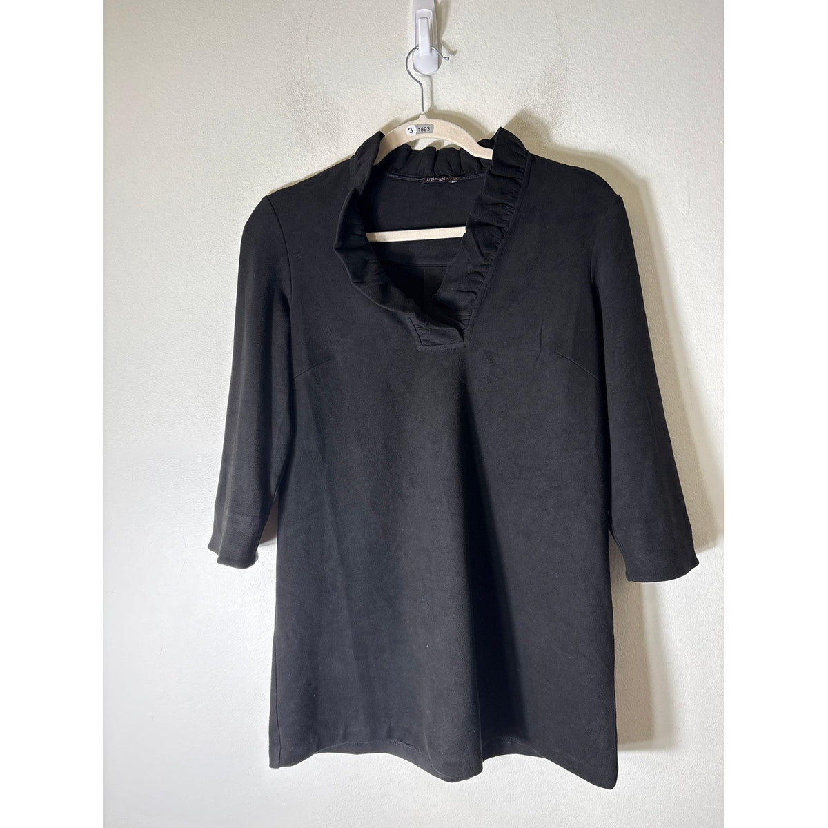 J. McLaughlin Black 3/4 Sleeve V-Neck Ruffle Collar Tunic Sz XS
