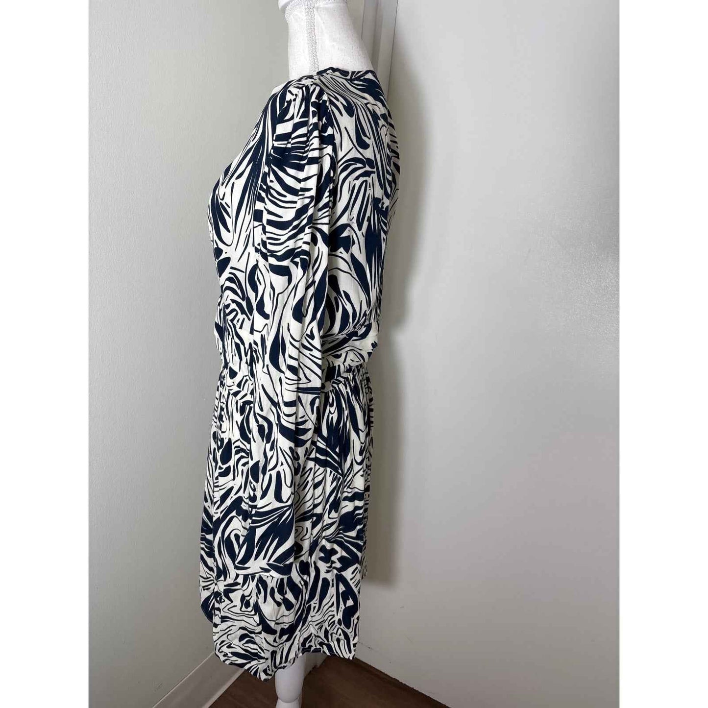 Ba&sh White and Navy Print Long Sleeve Knee Length "Lady" Dress Sz M