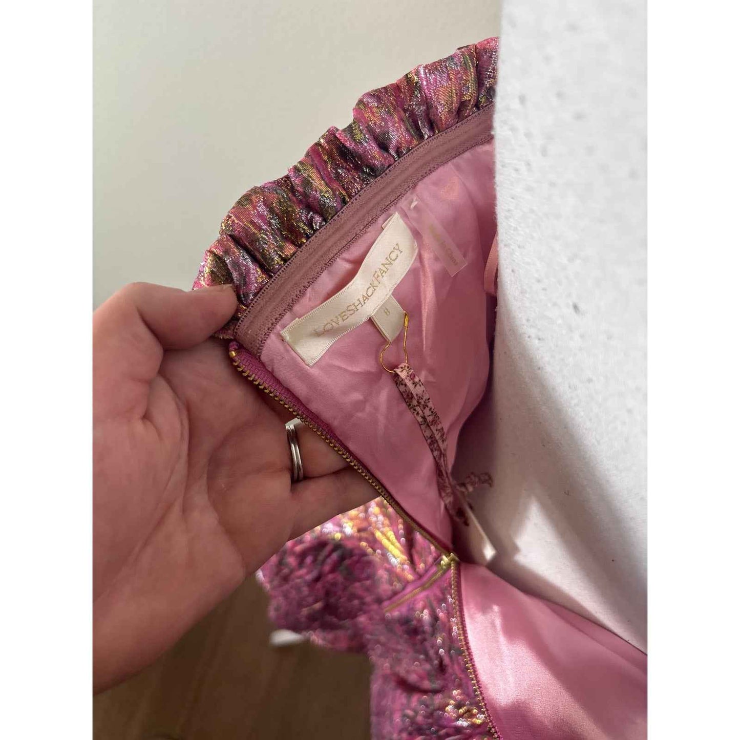NWT Love Shack Fancy Pink Shimmer Strapless Mini Dress Sz 8