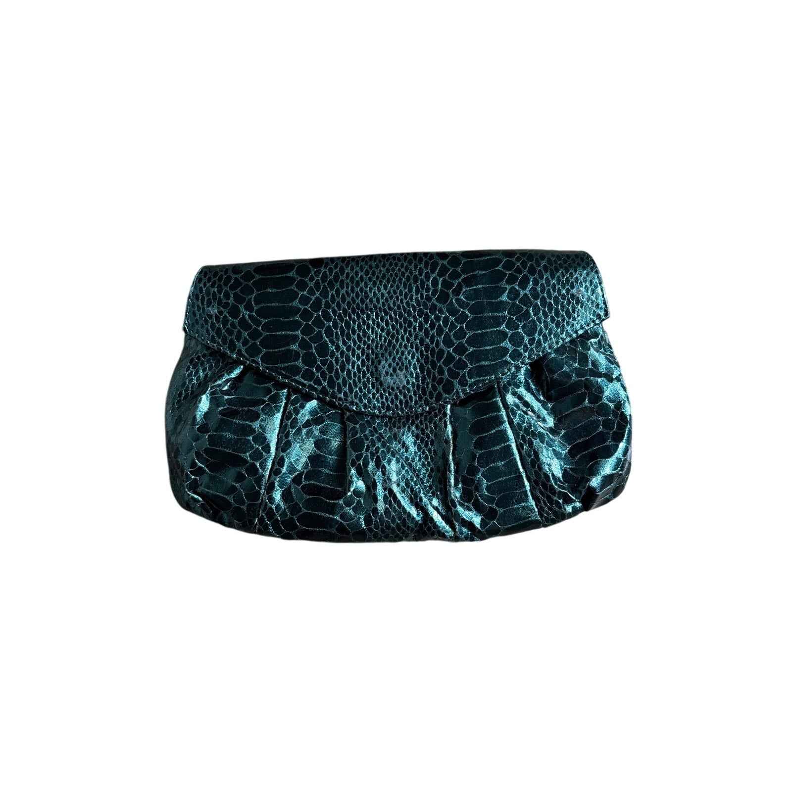 Carlos Falchi Dark Green Metallic Snake Skin Crossobody /Clutch Purse Sz 10"x6"