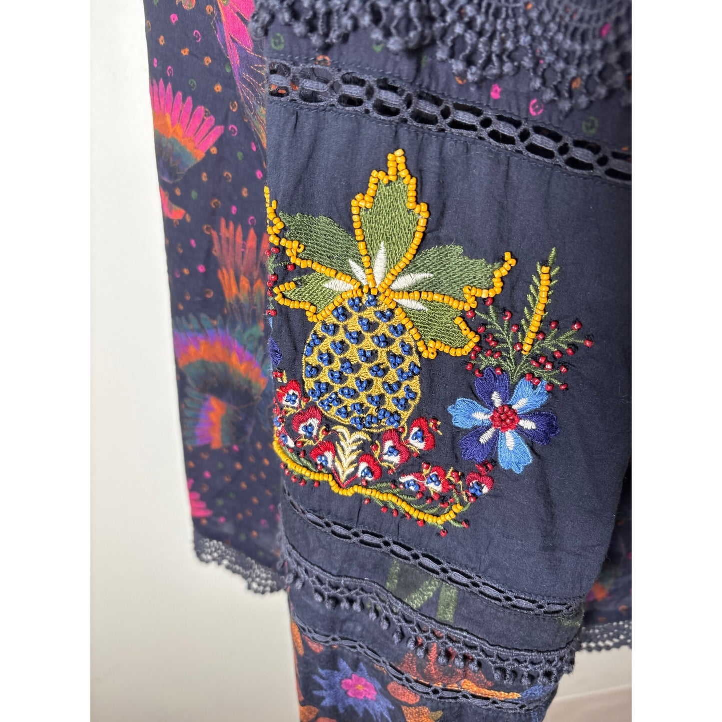 Farm Rio Black Beaded Long Sleeve Cropped Shirt Sz S