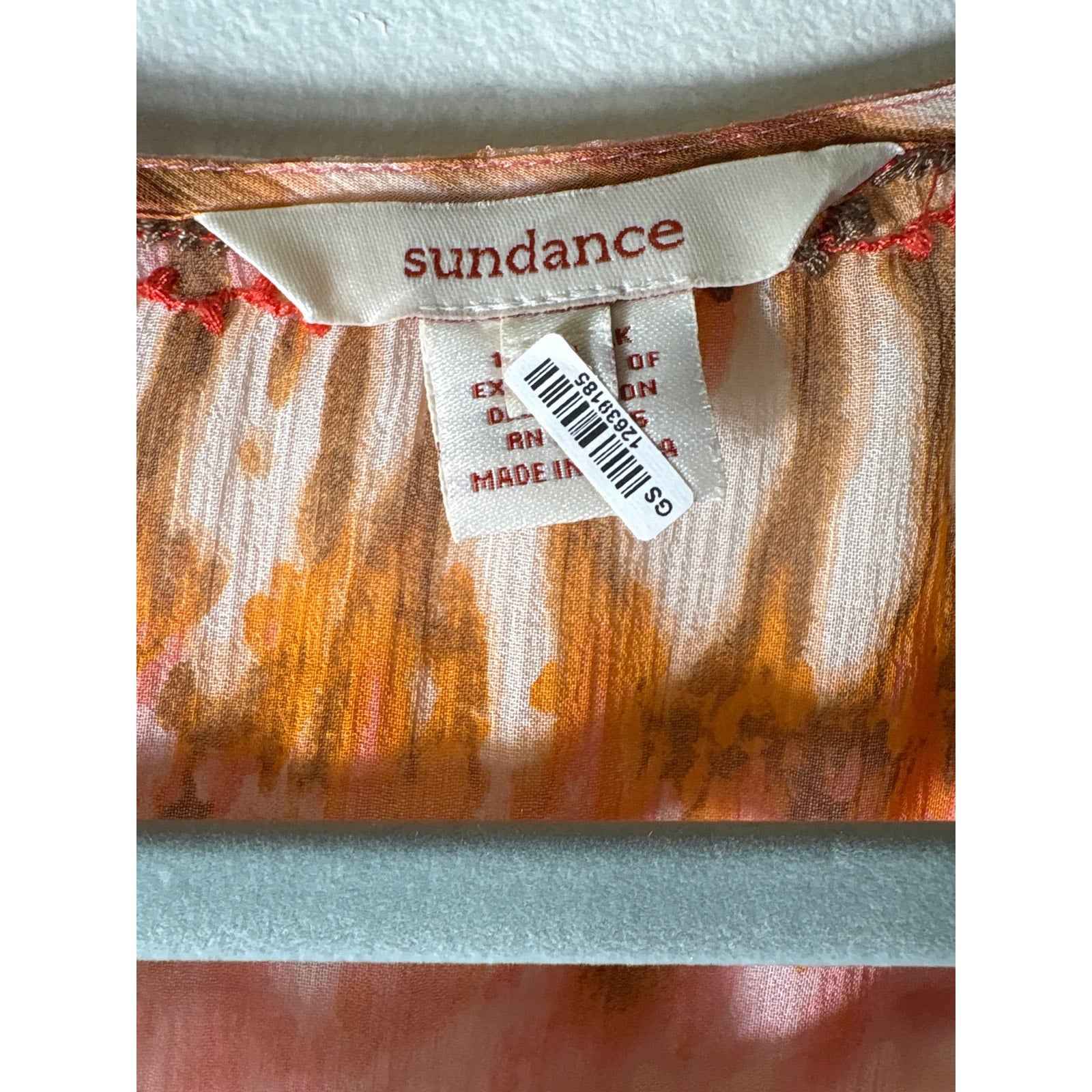 Sundance Orange Embroidered Long Sleeve Sheer Blouse Sz M
