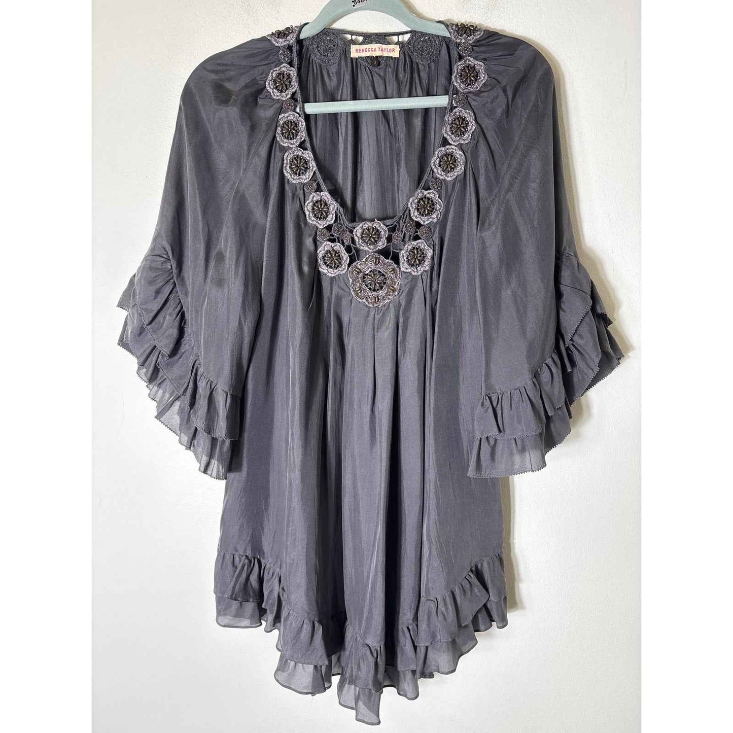 Rebecca Taylor Gray Silk Embellished Neck Ruffled Short Sleeve Top Sz 4