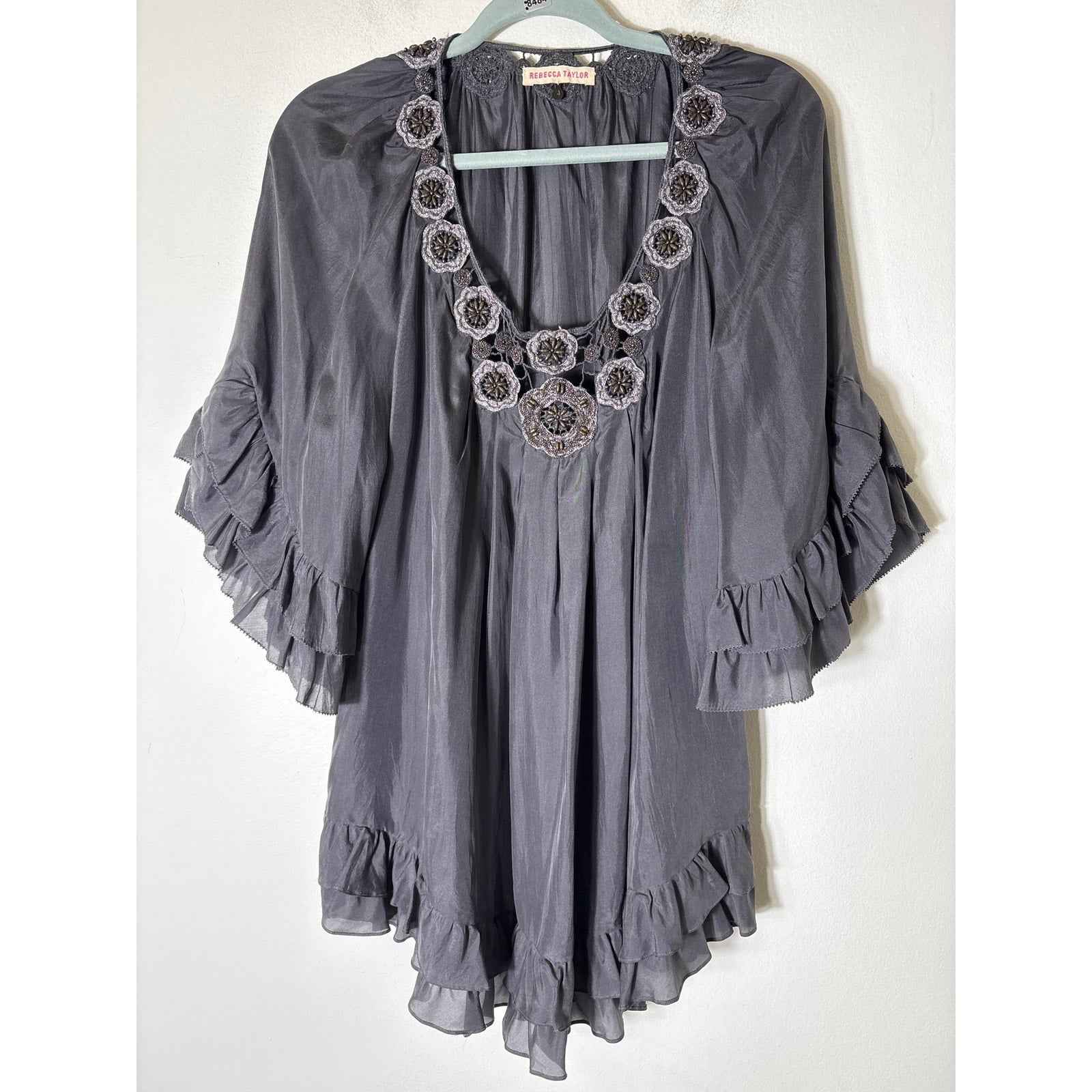 Rebecca Taylor Gray Silk Embellished Neck Ruffled Short Sleeve Top Sz 4