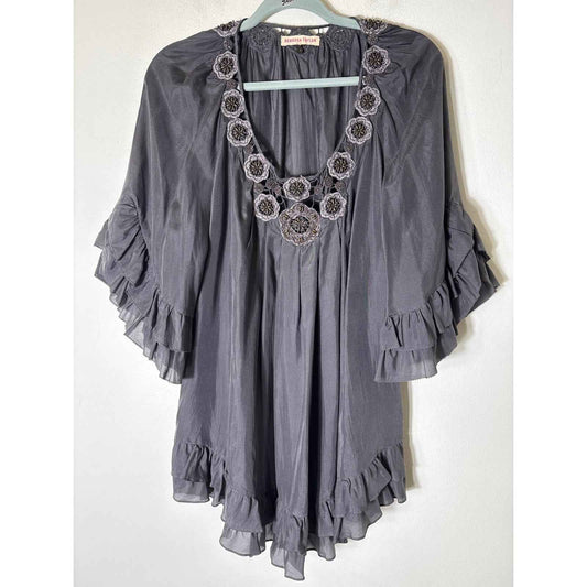 Rebecca Taylor Gray Silk Embellished Neck Ruffled Short Sleeve Top Sz 4