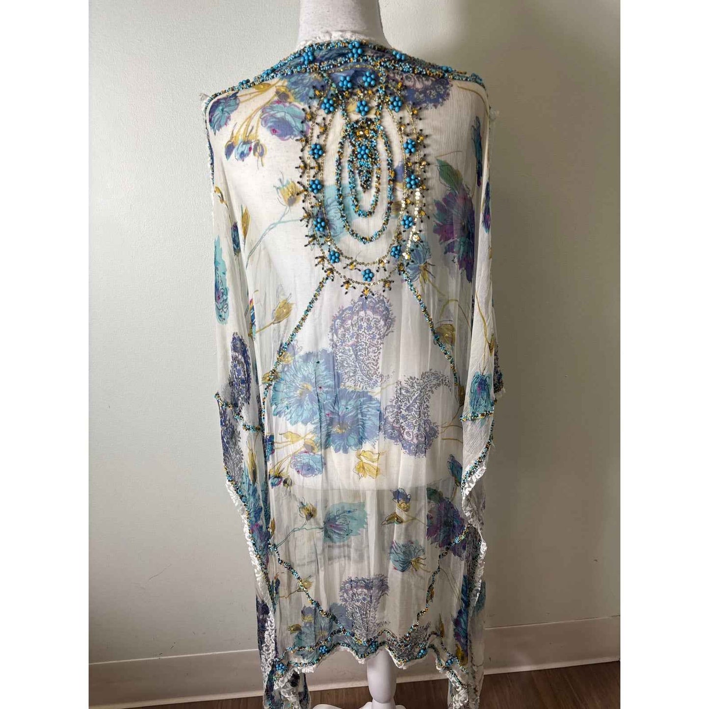 Deepa Gurnani Sheer Floral Intricately Beaded Cover Up OS