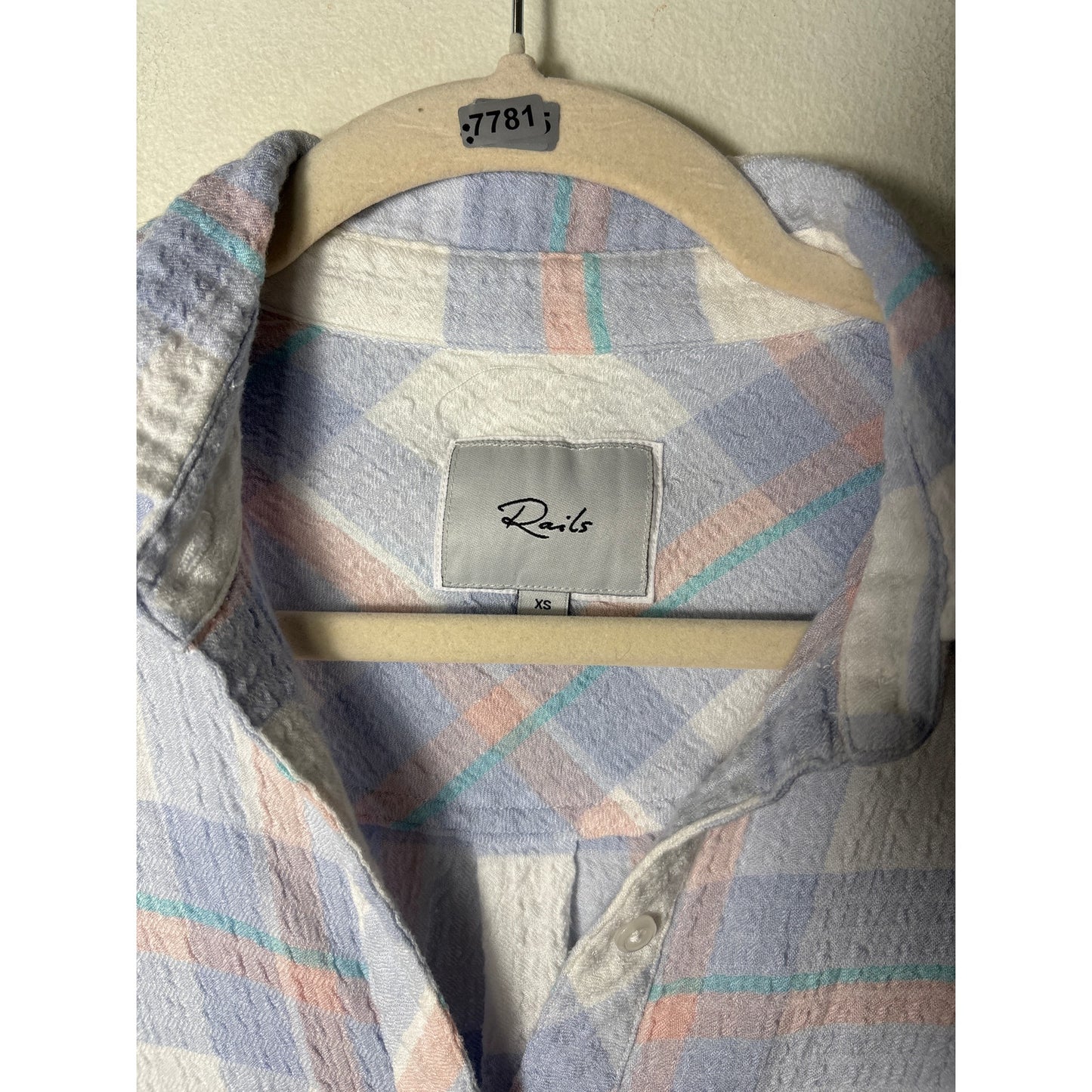 Rails Large Plaid "Brady White Periwinkle Peach" Long Sleeve Top Sz XS