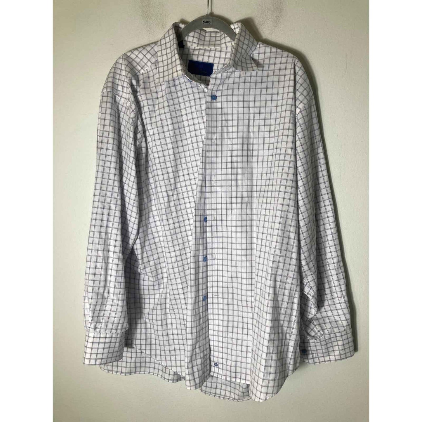 Men's David Donahue White Plaid Cotton Long Sleeve Dress Shirt Sz 17.5 34/35