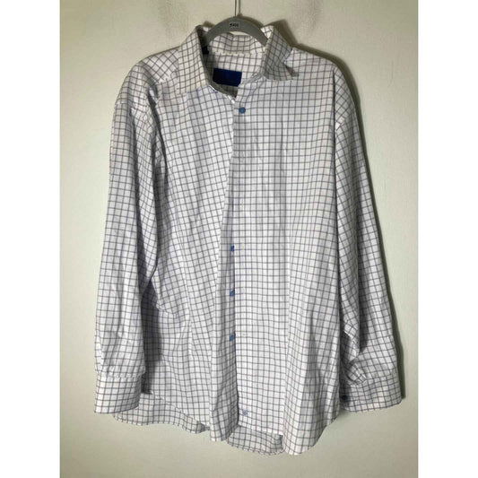 Men's David Donahue White Plaid Cotton Long Sleeve Dress Shirt Sz 17.5 34/35
