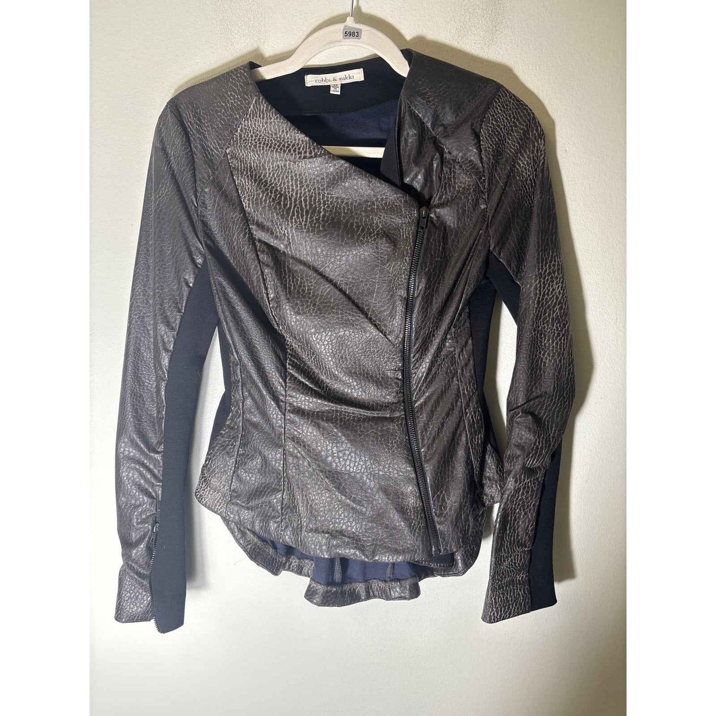Robbi & Nikki Brown Faux Leather Long Sleeve Asymetrical Zip Up Jacket Sz XS