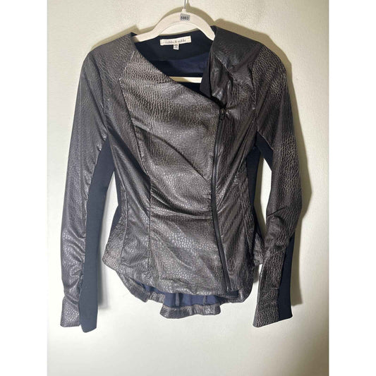 Robbi & Nikki Brown Faux Leather Long Sleeve Asymetrical Zip Up Jacket Sz XS
