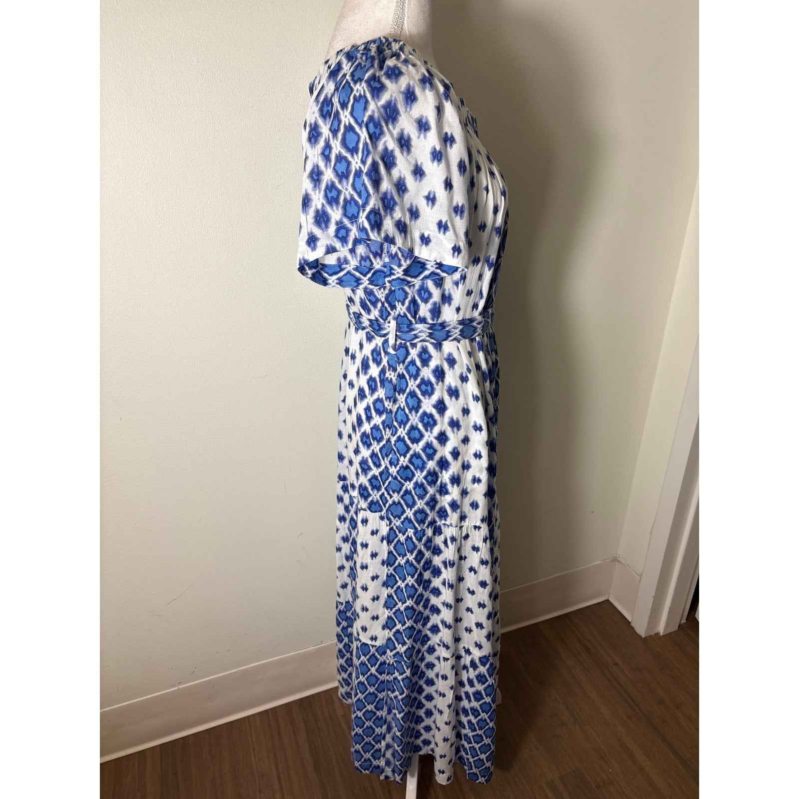 Oliphant Blue White Short Sleeve A-Line Maxi Dress Sz XL