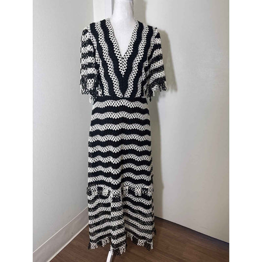 Pearl by Lela Rose Black White Half Sleeve V-Neck Cocktail Dress Sz 6