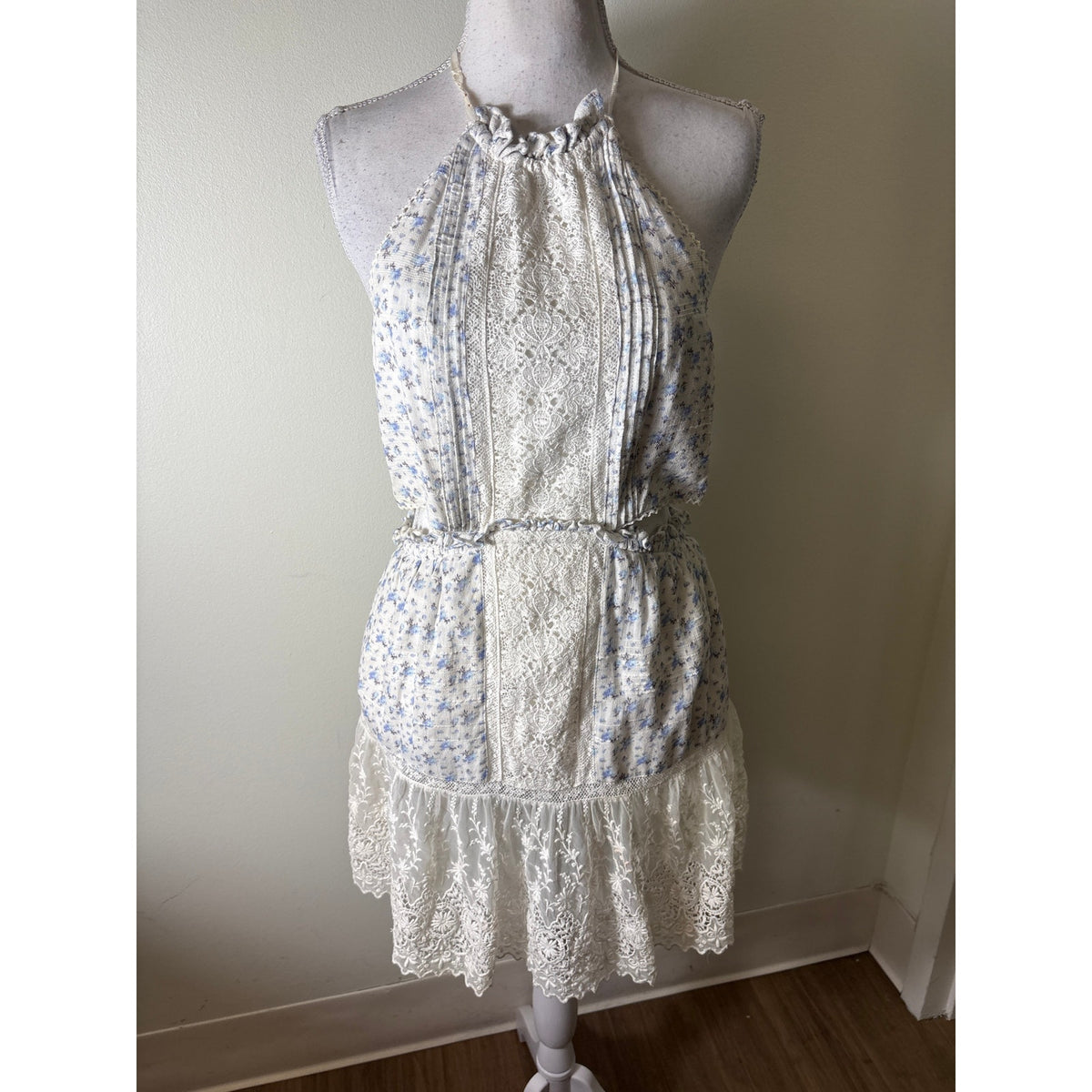 Love Shack Fancy Blue Floral Side Backless Cotton Dress Sz M