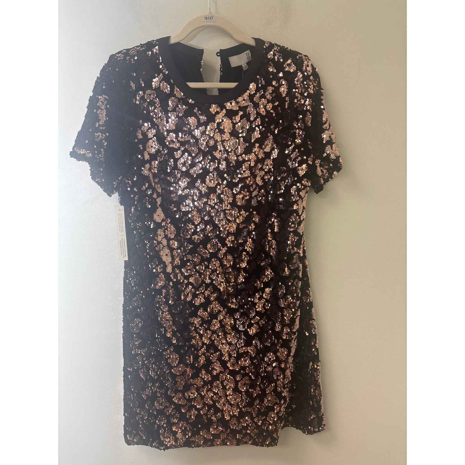 NWT RO&DE Anthropologie Black Gold Sequin Short Sleeve Knee Length Dress Sz S