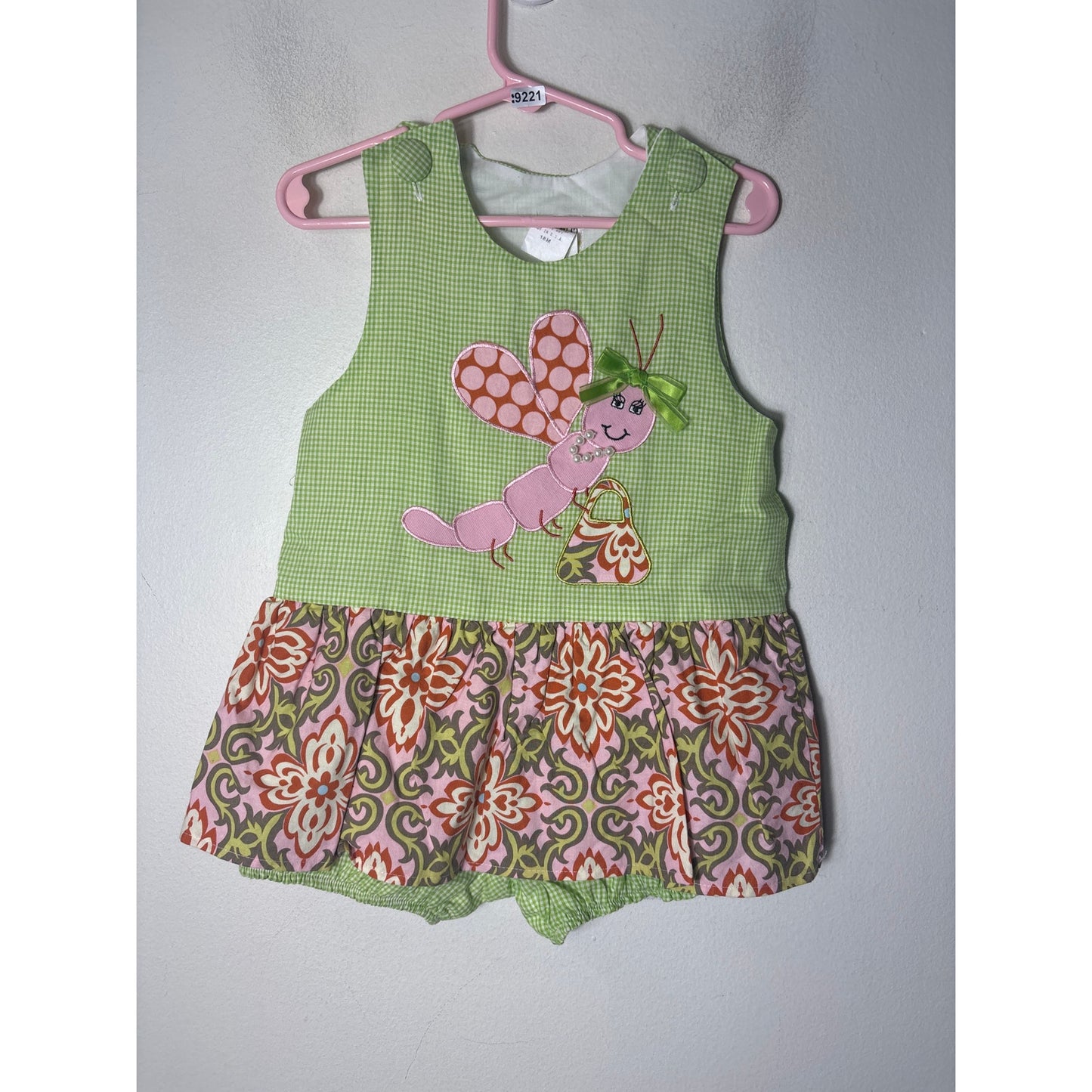 Girls Vintage Potato Saks Green Check Bubble Applique Butterfly Sz 18m