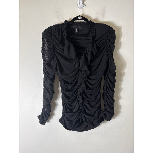 WHBM Black Long Sleeve Ruffled Ruched Shirt Sz M