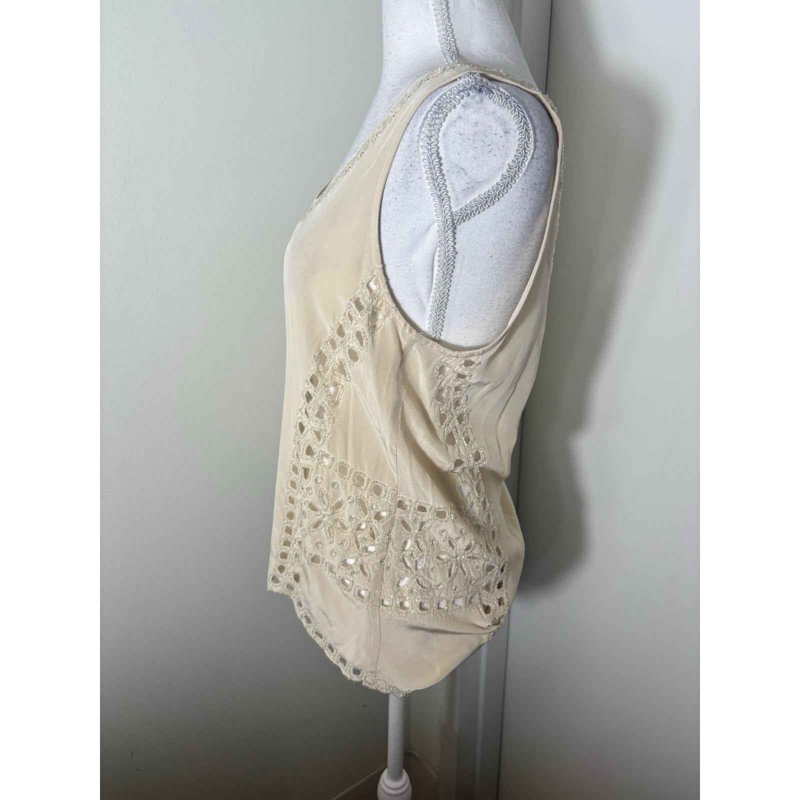 Joie Off White Silk Sleeveless Silk Tank with Embroidered Cut Outs Sz M