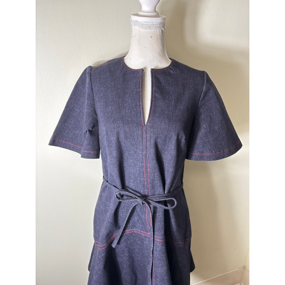 Pearl By Lela Rose Denim With Red Stitching Flare Dress Sz XS