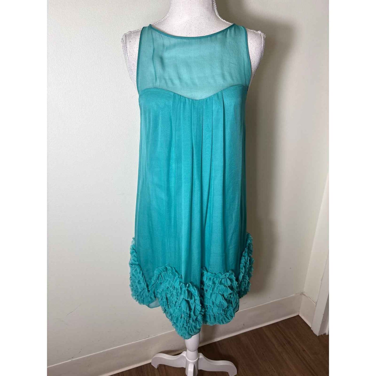 Rebecca Taylor Teal Green Silk Ruffle Hem Mini Dress Sz 2