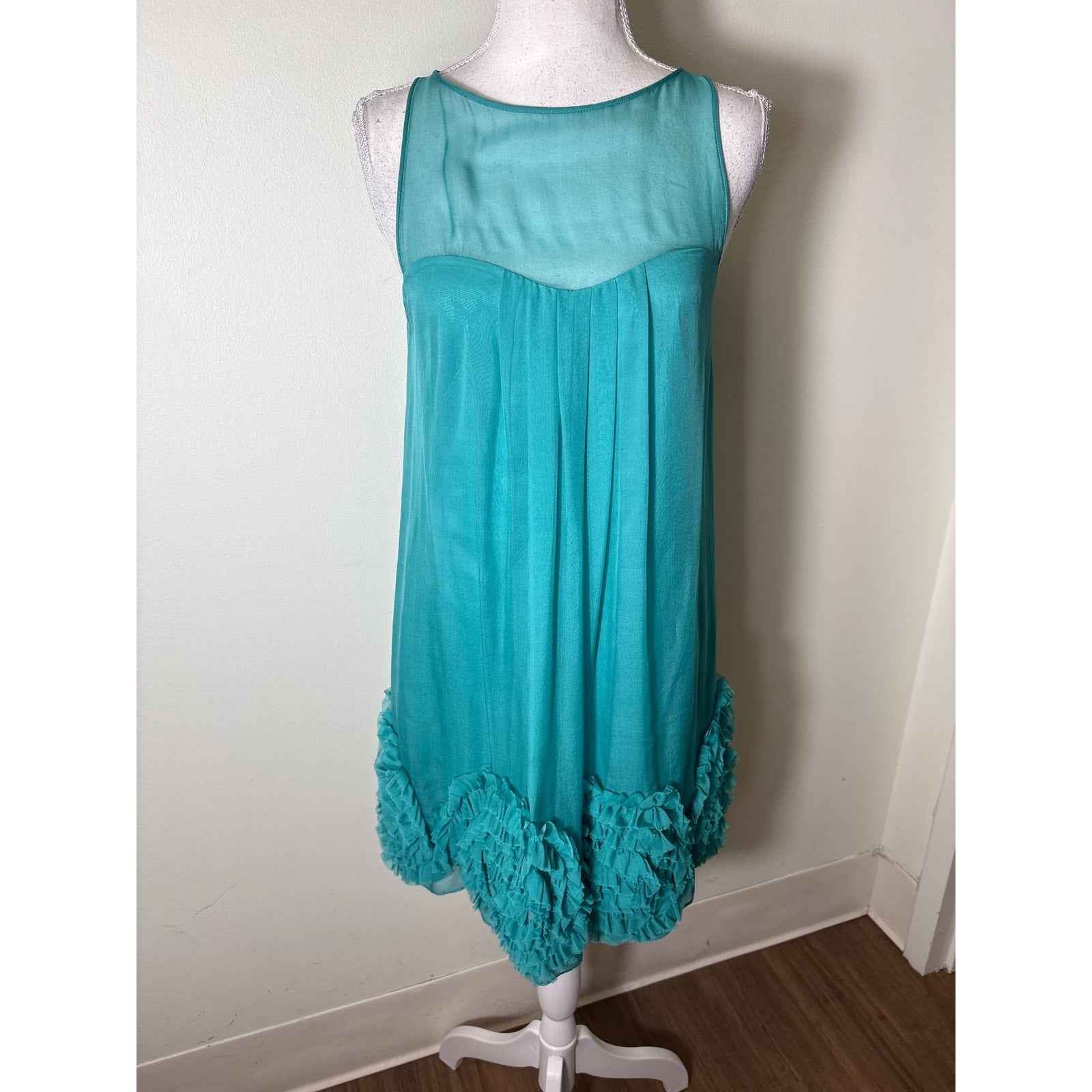 Rebecca Taylor Teal Green Silk Ruffle Hem Mini Dress Sz 2