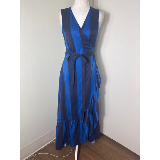 Unsubscribed Blue Stripe Sleeveless Silk Wrap Maxi Dress Sz S