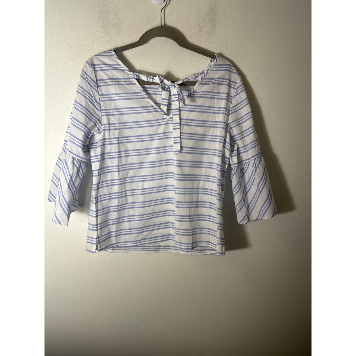 J.Crew White and Blue Stripe Bell Sleeve Top Sz 8
