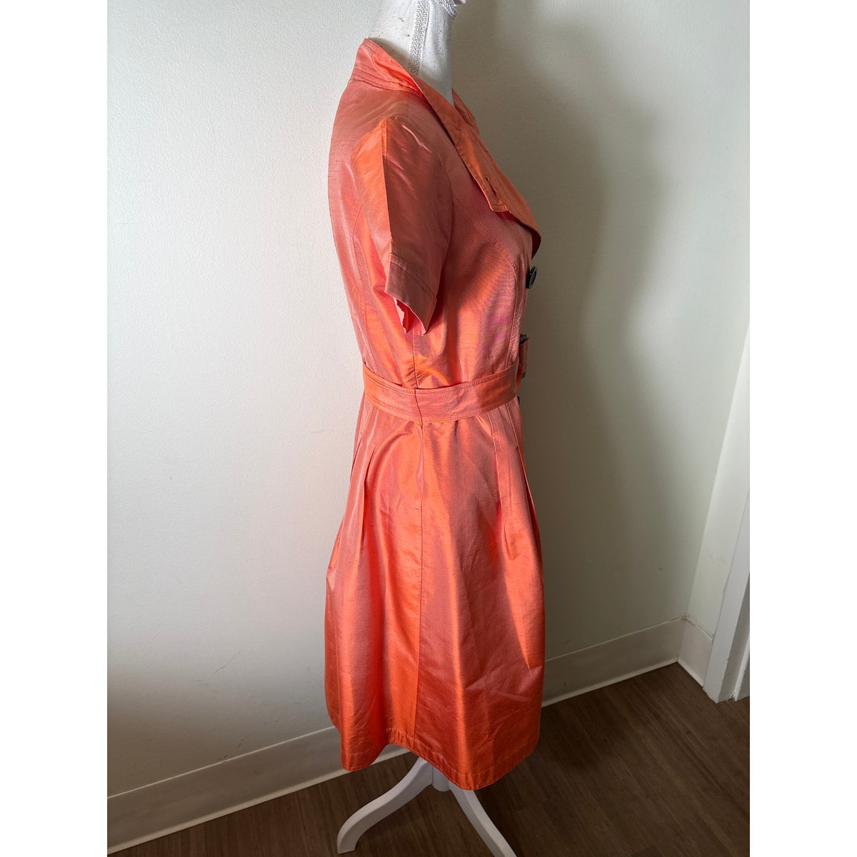 Teri Jon Orange Short Sleeve Silk Trench Coat Dress Sz 6