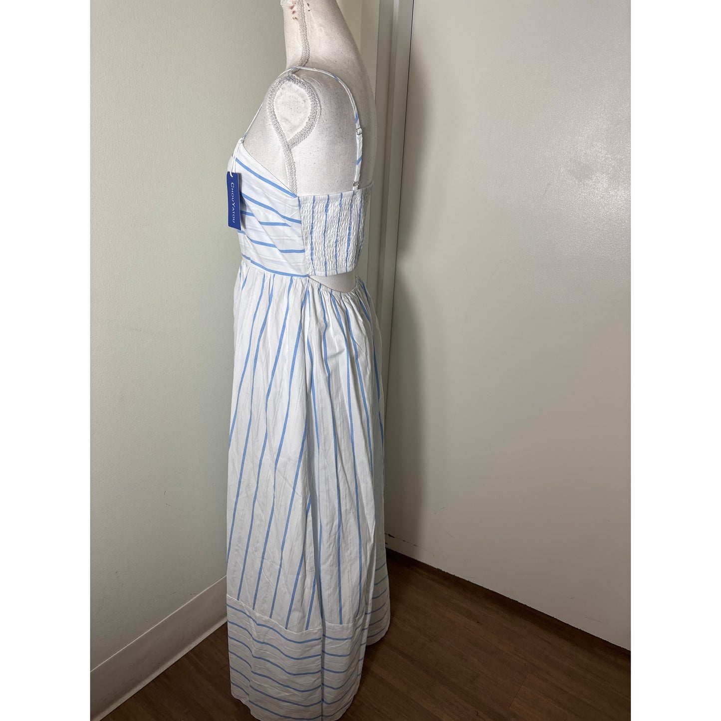 NWT Chou Yatou White Blue Stripe Cotton Maxi Dress Sz M