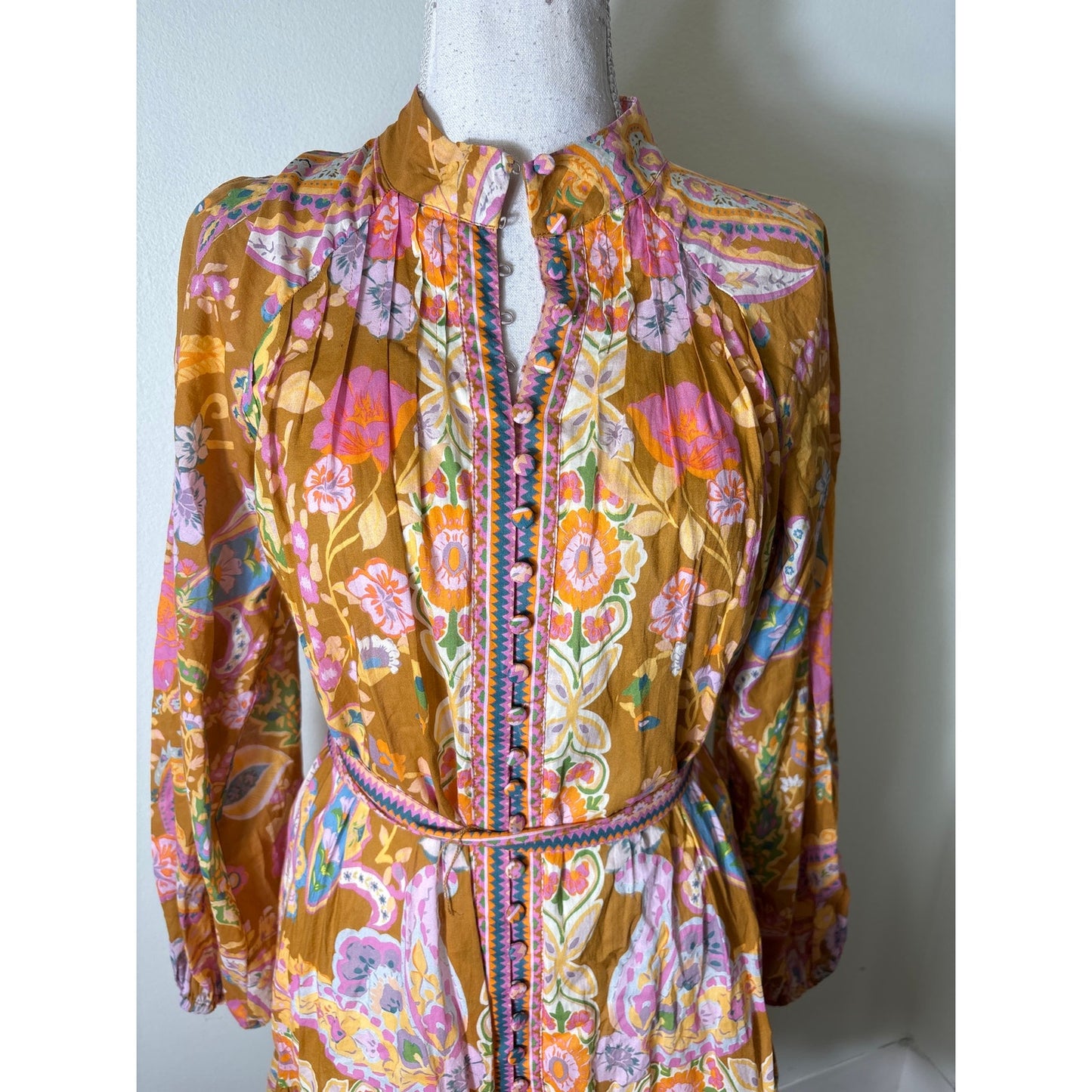 Antonio Melani Golden and Pink Floral Long Sleeve Cotton Mini Dress Sz 2