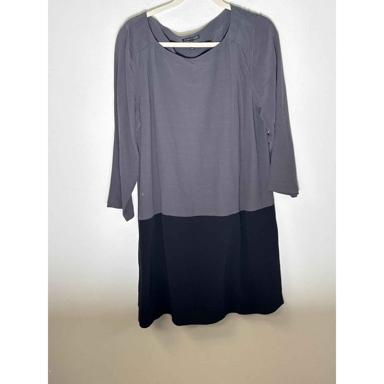 Eileen Fisher Black Gray Colorblock Long Sleeve Knee Length Dress Sz M