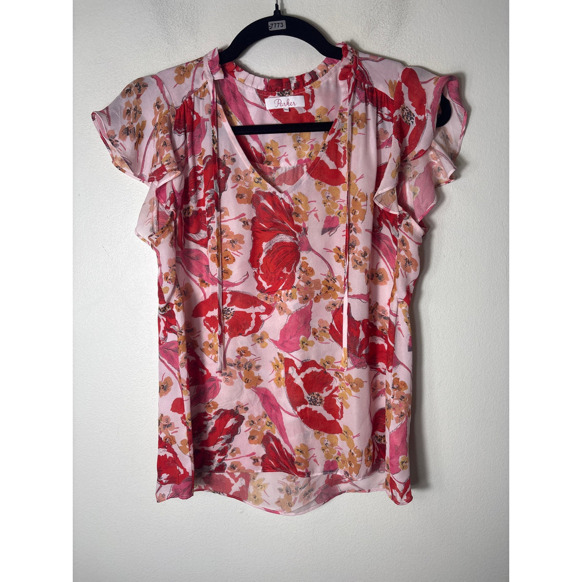 Parker Pink Floral Flutter Sleeve Silk Blouse Sz XS