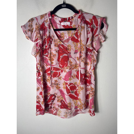 Parker Pink Floral Flutter Sleeve Silk Blouse Sz XS