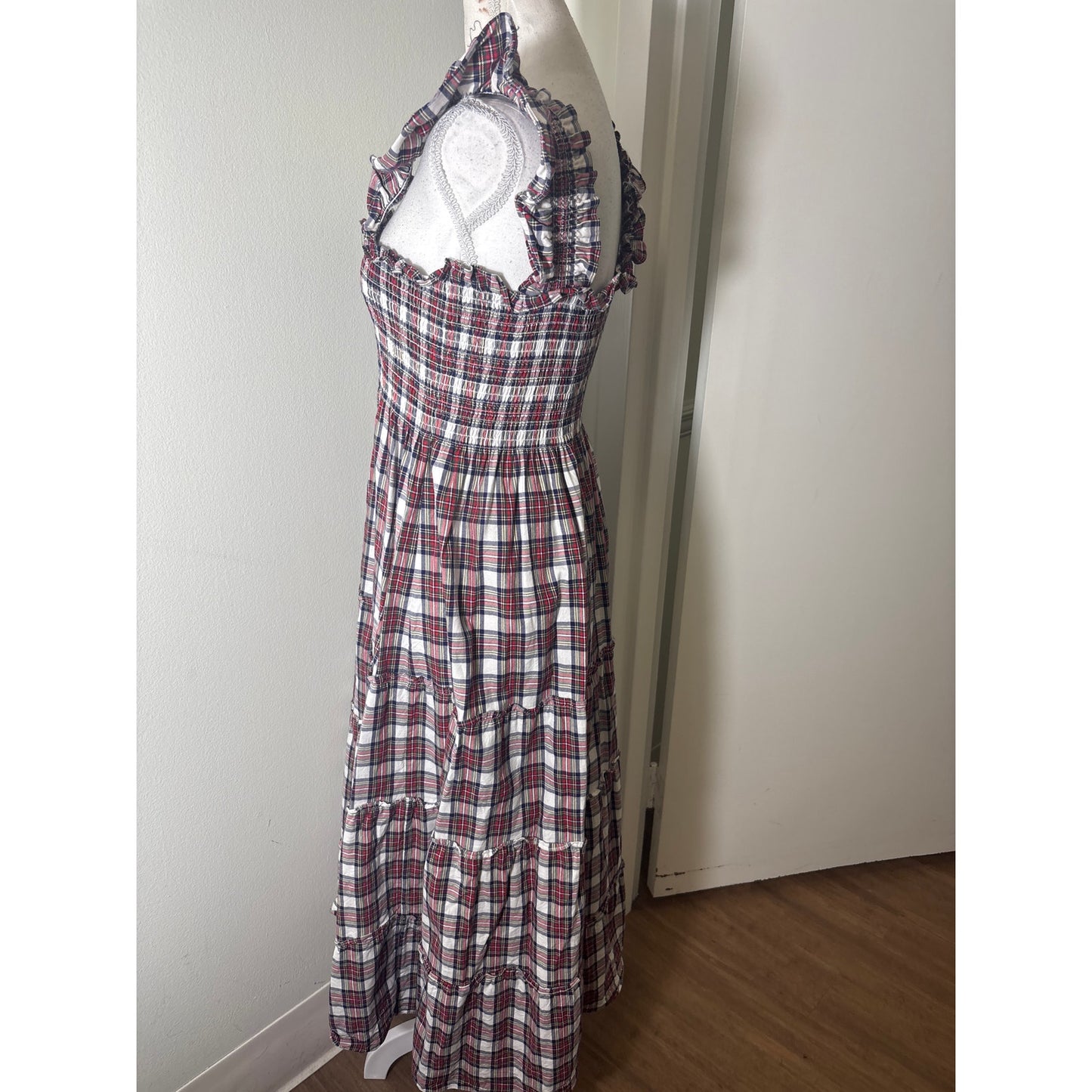 Hill House Red Plaid Flutter Sleeve Cotton Maxi Dress Sz S