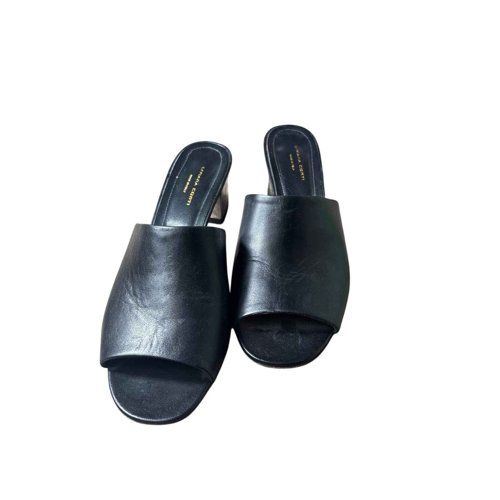 Liviana Black Leather and Silver Slip On Sandal with 2" Heel Sz 38