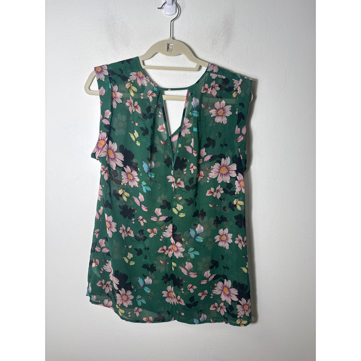 Cabi Green Floral Cap Sleeve Sheer V-Neck Top Sz M