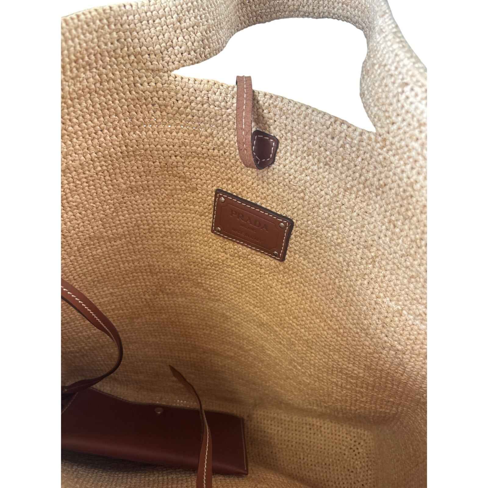 Prada Triangle Logo Shopping Tote Crochet Raffia Large with Dust Bag