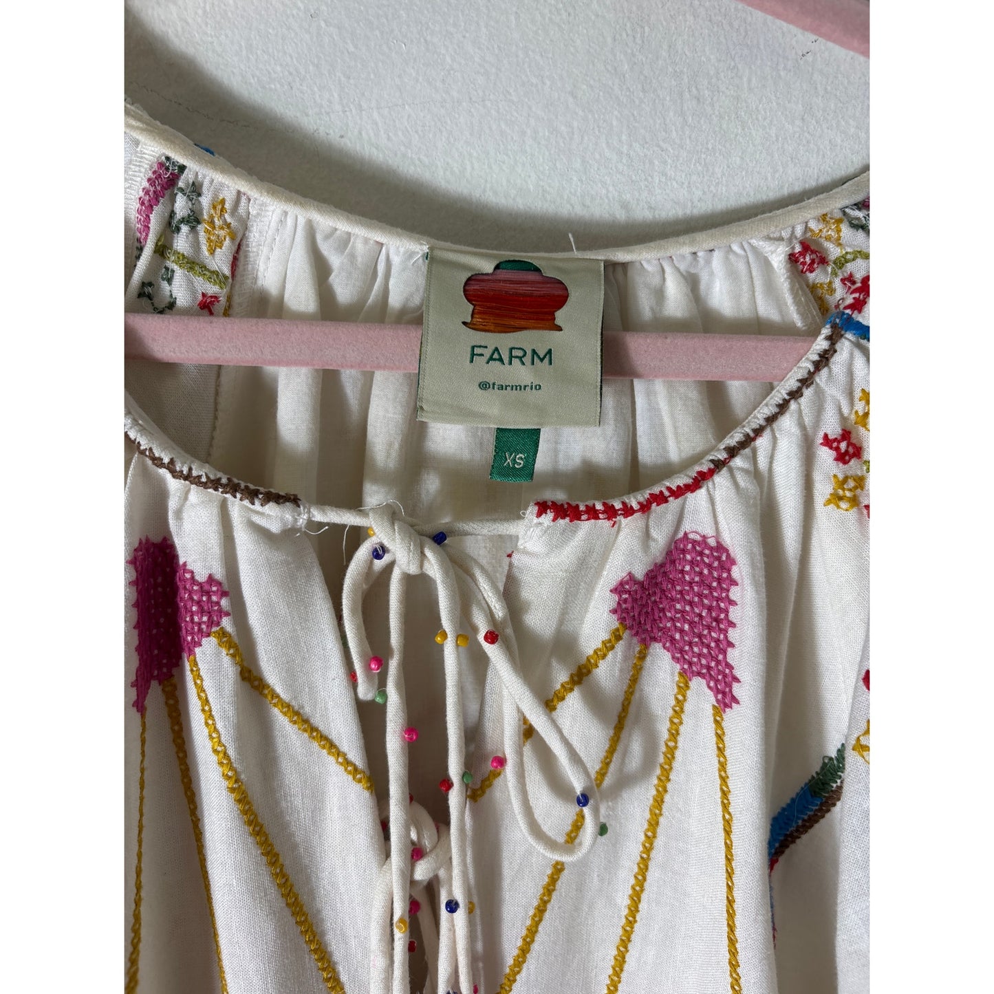 Farm Rio Off White Cross stitch Long Sleeve Maxi Dress Sz XS