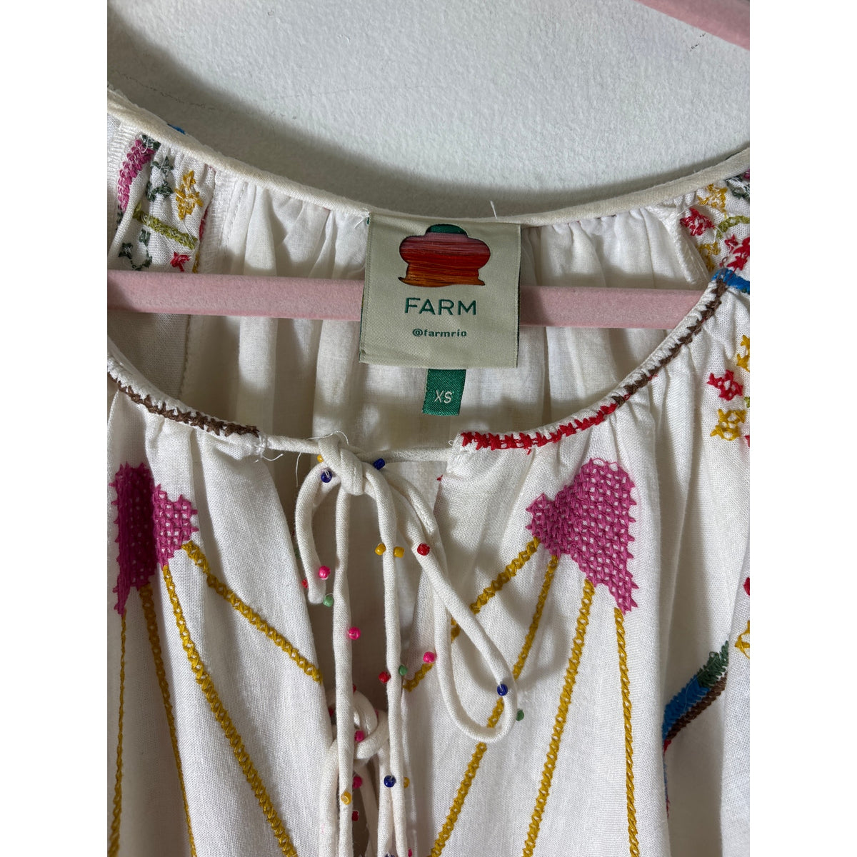 Farm Rio Off White Cross stitch Long Sleeve Maxi Dress Sz XS