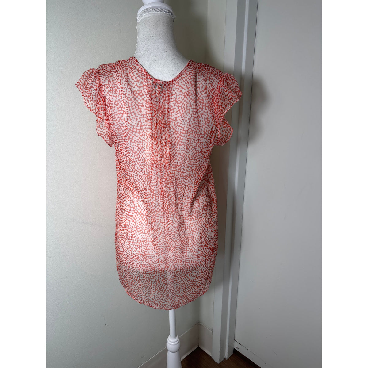 NWT Joie Red White Print Sheer Flutter Sleeve Silk Top Sz S