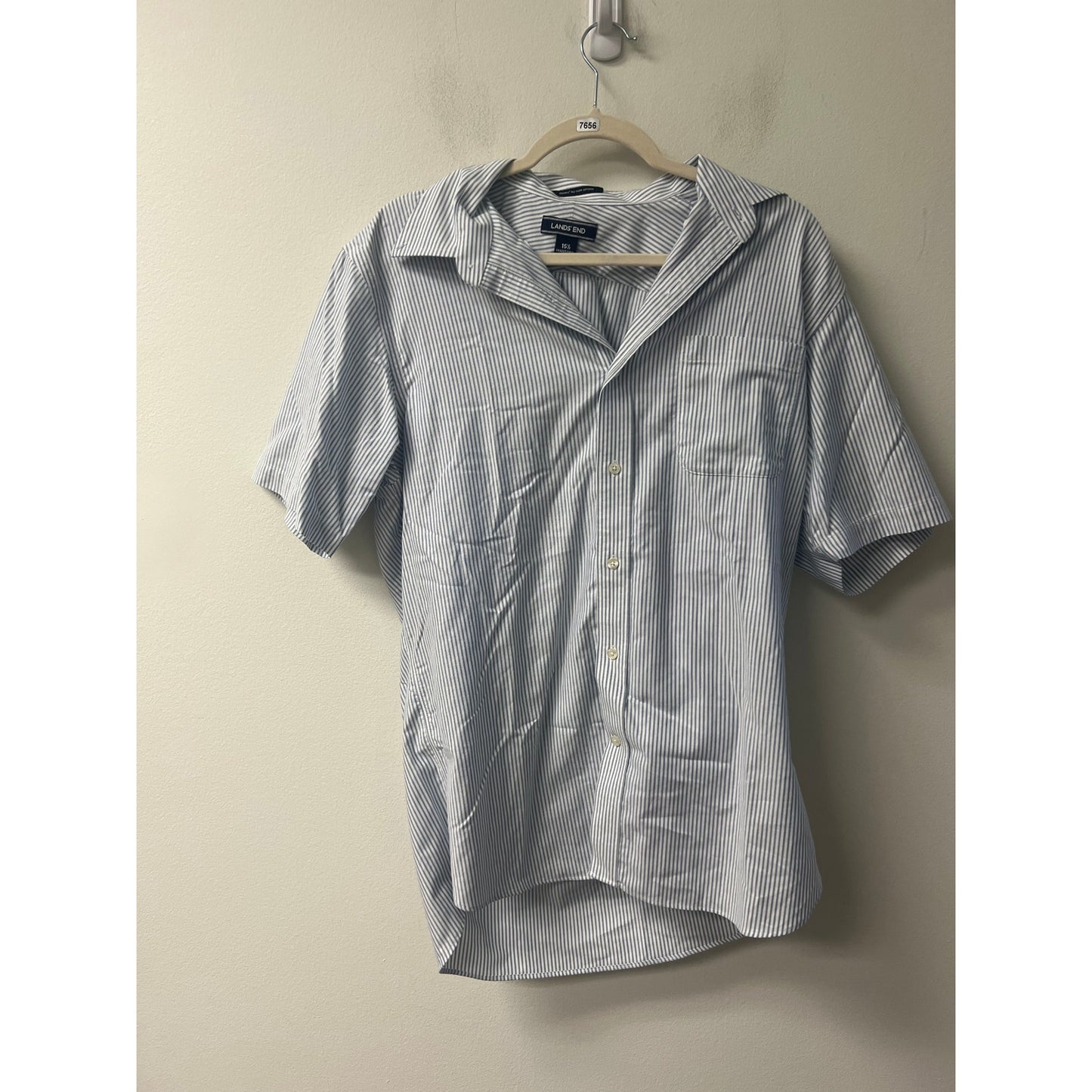 Land's End Mens Blue and White Stripe Short Sleeve Button Down Sz 15.5