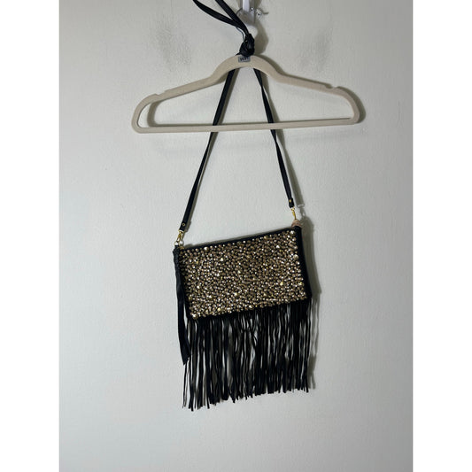 NWT Cleobella Gold Black Fringe Leather Evening Purse