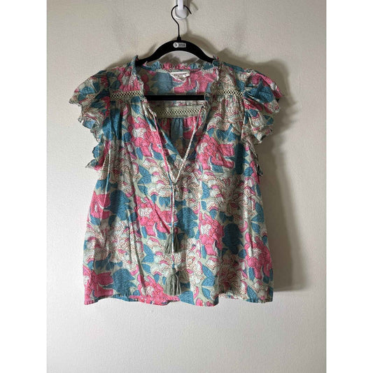 Allison Pink and Green Flutter Sleeve Cotton Top Sz M