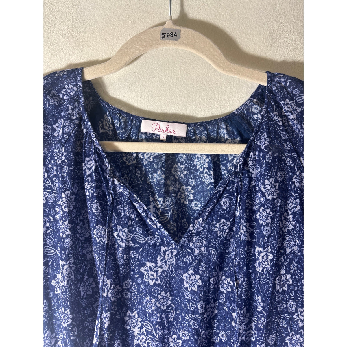 Parker Blue Floral Short Sleeve Cotton Knee Length Dress Sz S