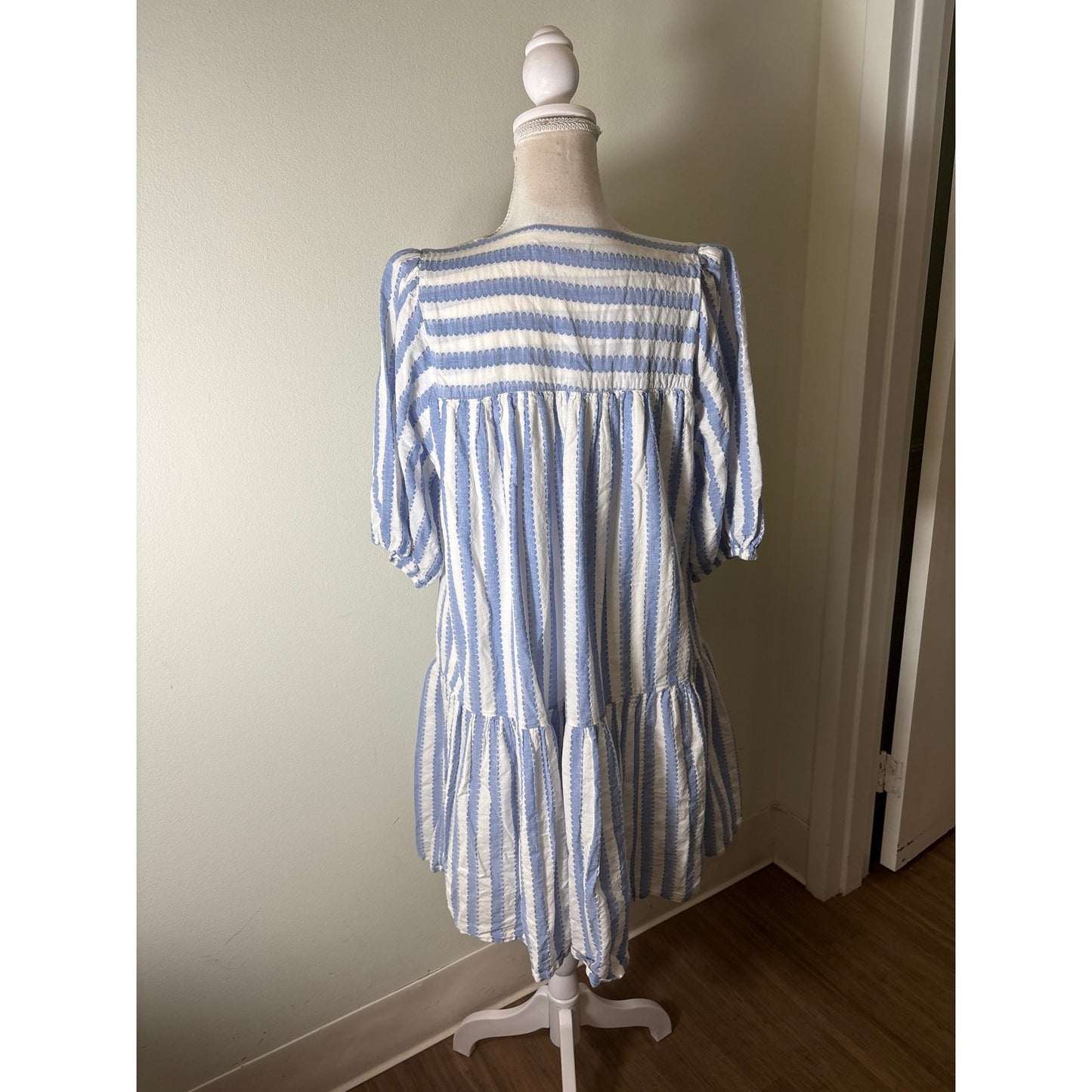 India Collection by Emerson Fry Blue and White Drop Waist Tiered Dress Sz M/L
